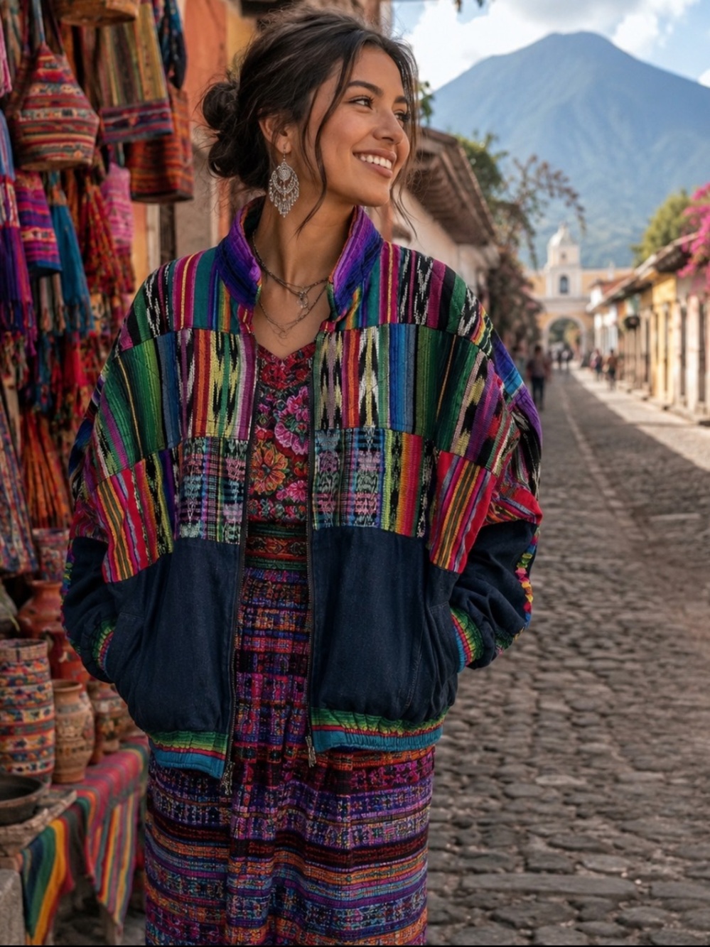 Boho Vintageβ Guatemalan Woven Patchwork Bomber Jacket Cotton Serape Stripe EUC